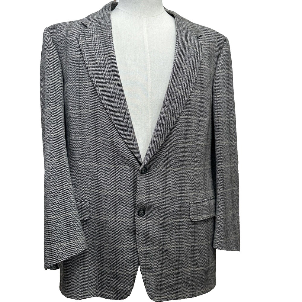 Canali Milano Wool Blazer Men 46R Grey Glen Plaid Padded Shoulder‎ Made in Italy